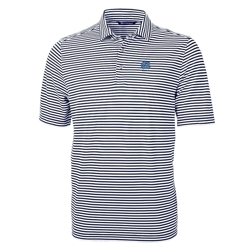 Polo recyclé à rayures écologiques et piqué Virtue pour homme, bleu Carolina, avec logo des anciens élèves Tar Heels de Caroline du Nord.