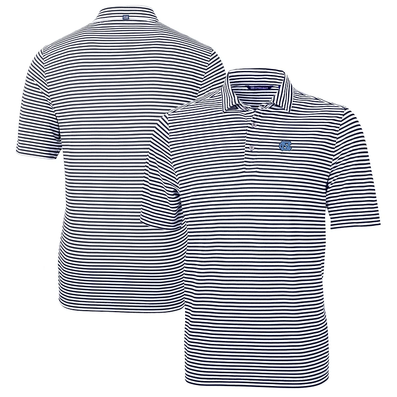 Men's Cutter & Buck Navy North Carolina Tar Heels Alumni Logo Virtue Eco Pique Stripe Recycled Polo