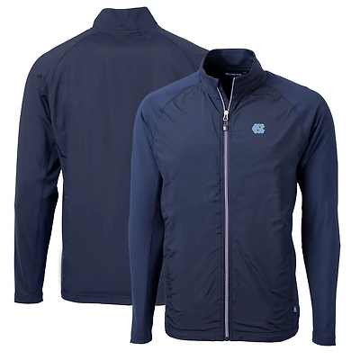 Veste zippée intégrale Cutter & Buck Navy North Carolina Tar Heels pour homme, grandes tailles, en maille écologique hybride recyclée.
