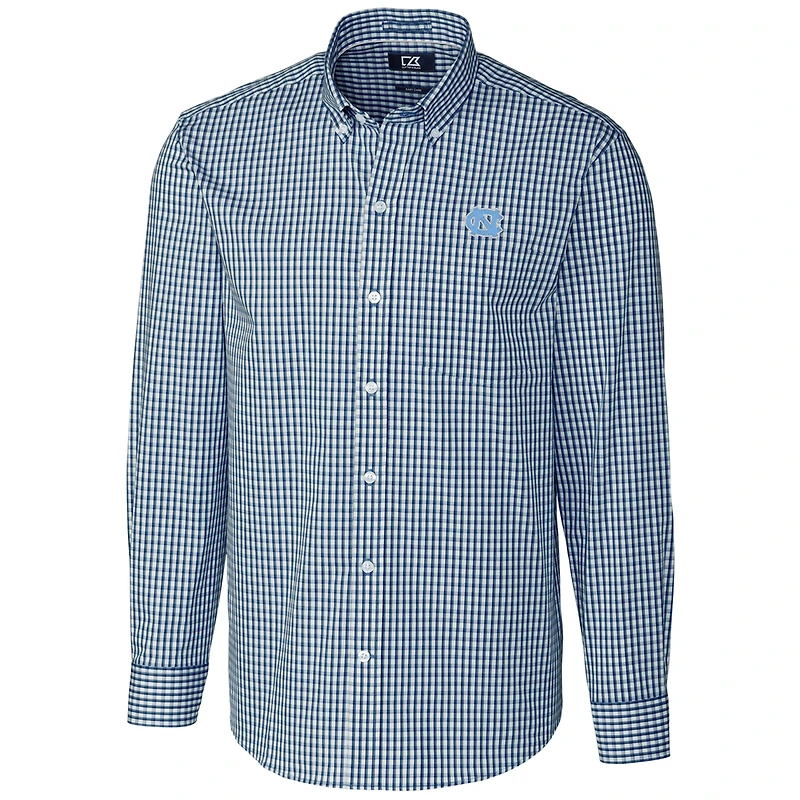 Chemise à manches longues boutonnée Cutter & Buck bleu marine North Carolina Tar Heels pour homme, grandes tailles, extensible, carreaux vichy.