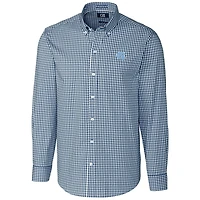 Chemise à manches longues boutonnée Cutter & Buck bleu marine North Carolina Tar Heels pour homme, grandes tailles, extensible, carreaux vichy.