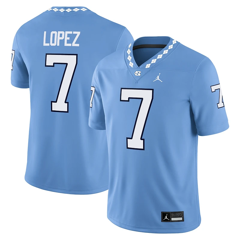 Maillot de football Jordan Brand Gio Lopez pour homme, bleu Caroline, domicile des Tar Heels Caroline du Nord, match NIL