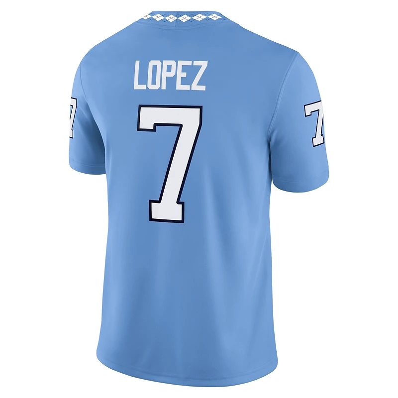 Maillot de football Jordan Brand Gio Lopez pour homme, bleu Caroline, domicile des Tar Heels Caroline du Nord, match NIL