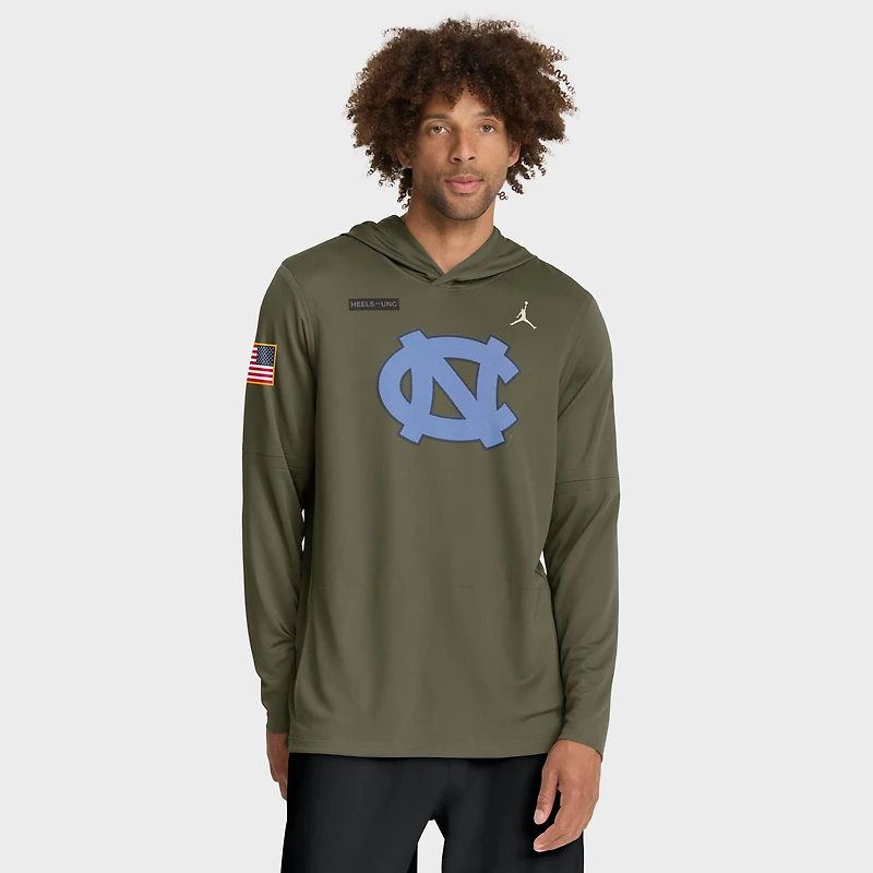 Men's Jordan Brand Olive North Carolina Tar Heels 2025 Military Appreciation Dri-FIT Long Sleeve Hoodie T-Shirt