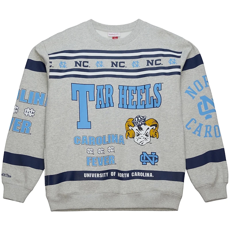 Men's Mitchell & Ness Heather Gray North Carolina Tar Heels All Over Print Sweatshirt