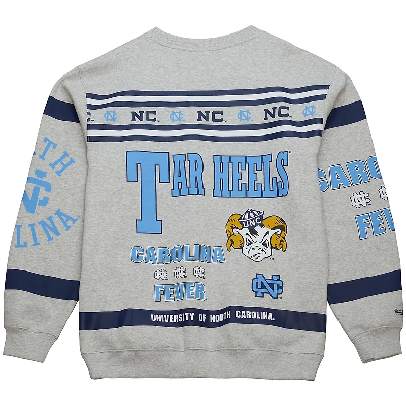 Men's Mitchell & Ness Heather Gray North Carolina Tar Heels All Over Print Sweatshirt