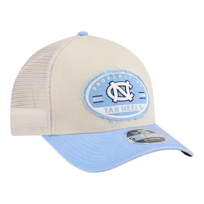 Men's New Era Stone/Carolina Blue North Carolina Tar Heels Frayed Patch 9FORTY M-Crown A-Frame Trucker Adjustable Hat