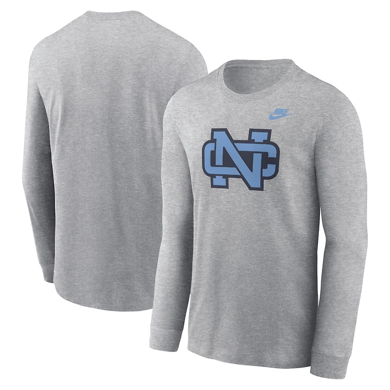 T-shirt à manches longues Nike pour homme, gris chiné, logo principal des Tar Heels de Caroline du Nord.