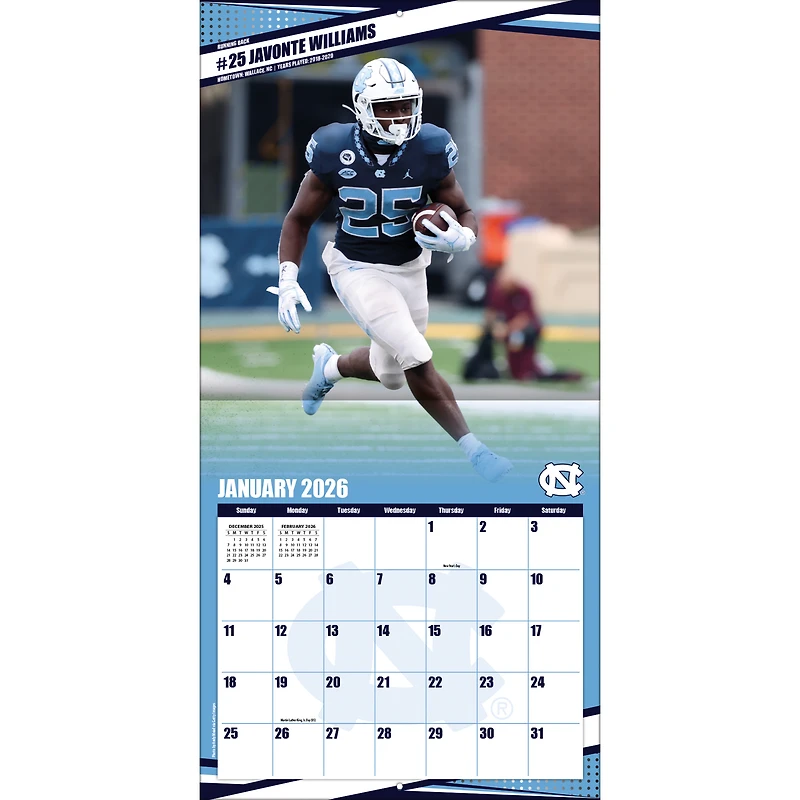 Calendrier mural 2026 des Tar Heels de Caroline du Nord (12 po x 12 po)