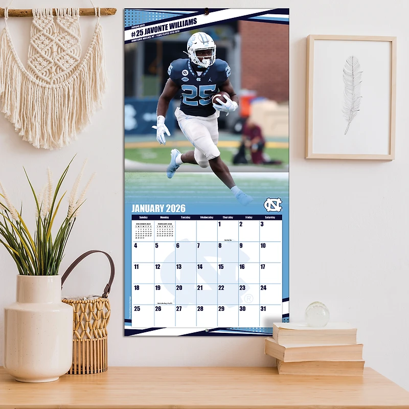 Calendrier mural 2026 des Tar Heels de Caroline du Nord (12 po x 12 po)