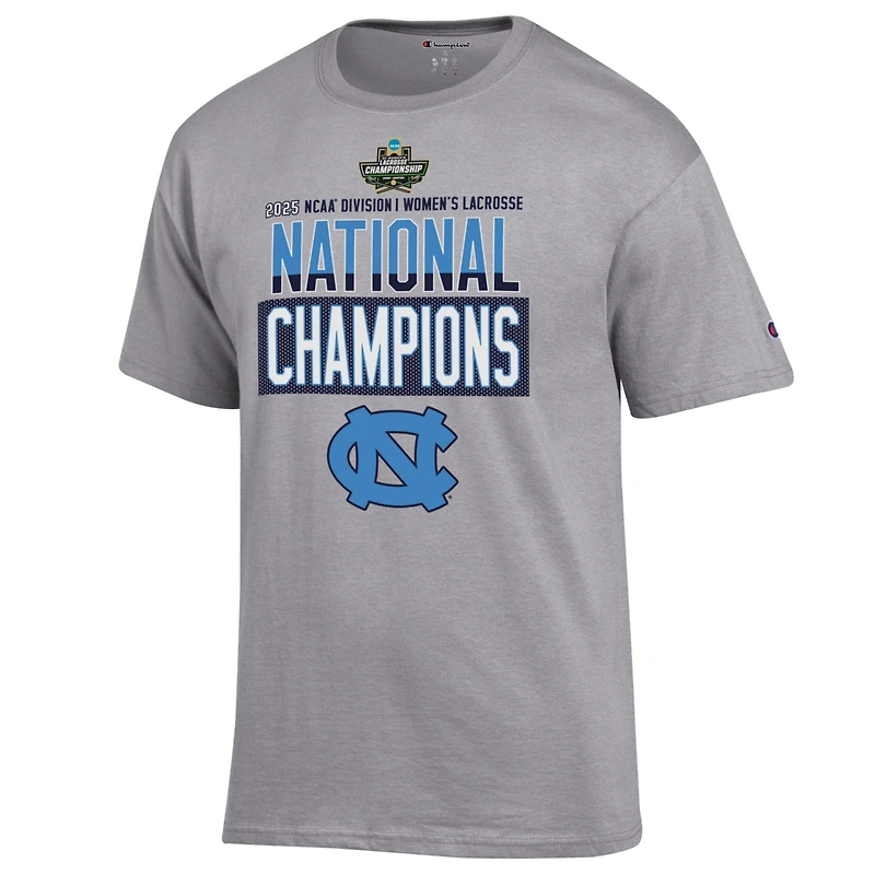 T-shirt unisexe gris des Tar Heels de Caroline du Nord, championne nationale crosse féminine la NCAA 2025, pour vestiaires