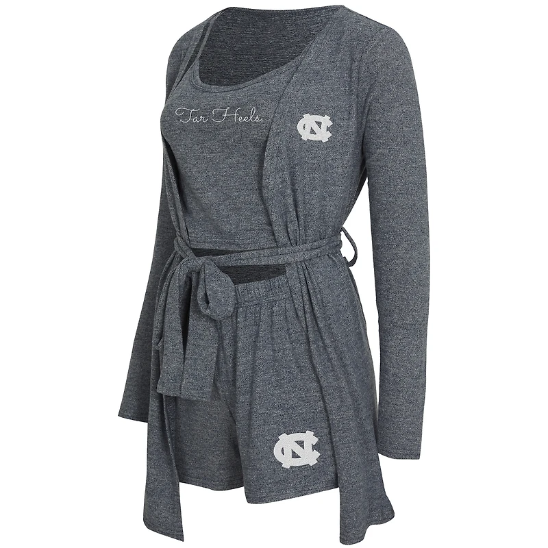 Ensemble trois pièces pour femme Concepts Sport Gray North Carolina Tar Heels Rigor, débardeur, short et peignoir