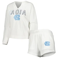 Concepts Sport - Ensemble t-shirt et short à manches longues encolure crantée de la Caroline du Nord pour femmes, blanc