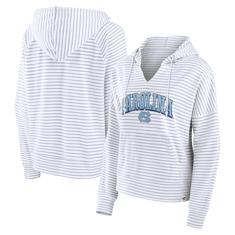 Women's Fanatics White/Gray North Carolina Tar Heels Arch Logo Striped Notch Neck Pullover Hoodie