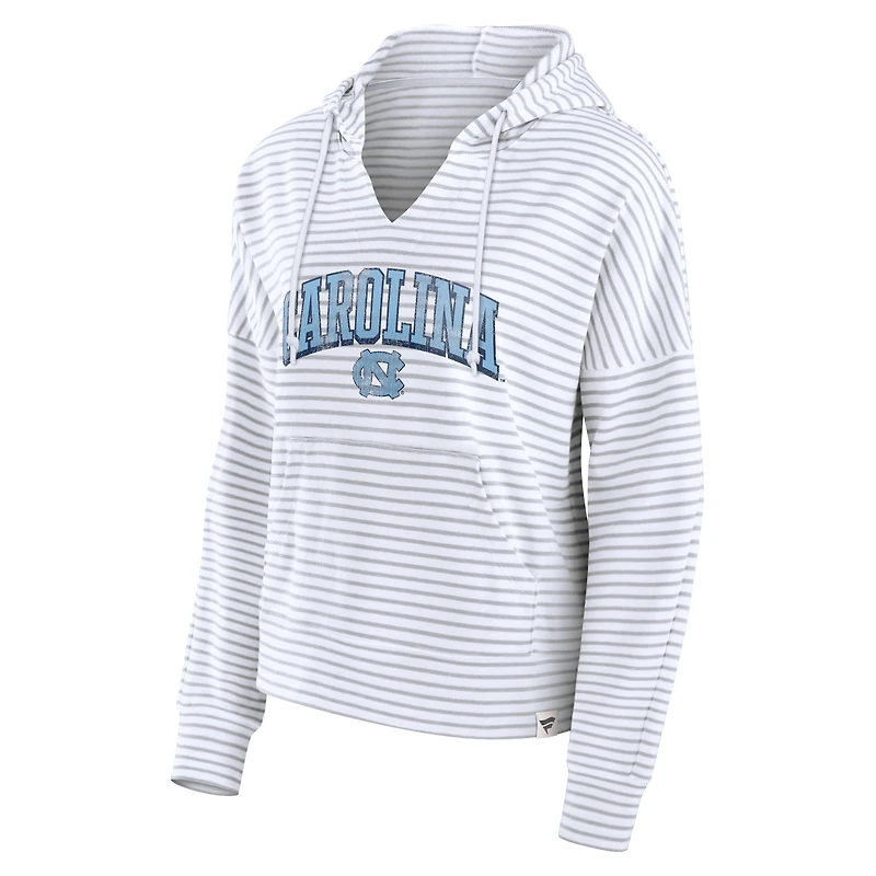 Women's Fanatics White/Gray North Carolina Tar Heels Arch Logo Striped Notch Neck Pullover Hoodie