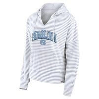 Women's Fanatics White/Gray North Carolina Tar Heels Arch Logo Striped Notch Neck Pullover Hoodie