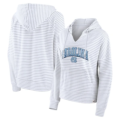 Women's Fanatics White/Gray North Carolina Tar Heels Arch Logo Striped Notch Neck Pullover Hoodie