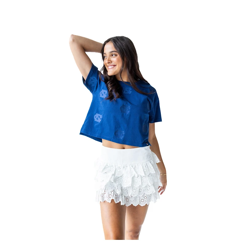 Women's Gameday Social Navy North Carolina Tar Heels Allover Print Heavyweight Cropped T-Shirt
