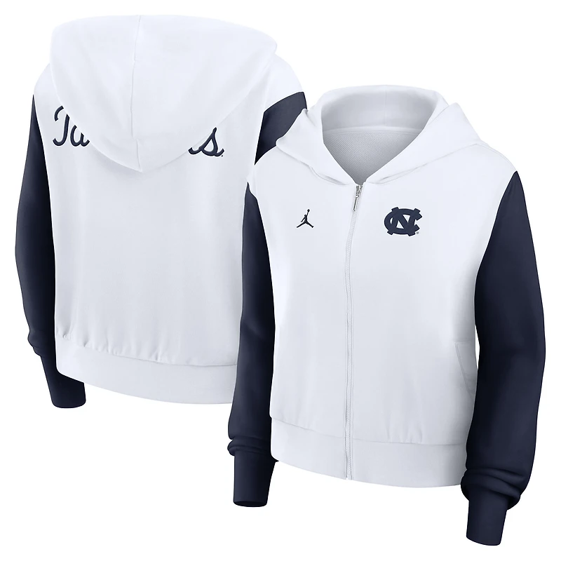 Women's Jordan Brand White North Carolina Tar Heels Cropped Color-Block Script Full-Zip Hoodie