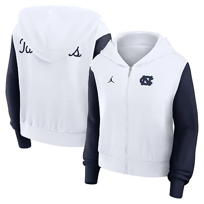Women's Jordan Brand White North Carolina Tar Heels Cropped Color-Block Script Full-Zip Hoodie