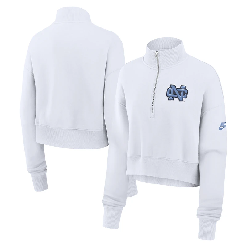 Sweat-shirt Nike blanc à demi-zip pour femme avec logo surélevé Legacy des Tar Heels de Caroline du Nord