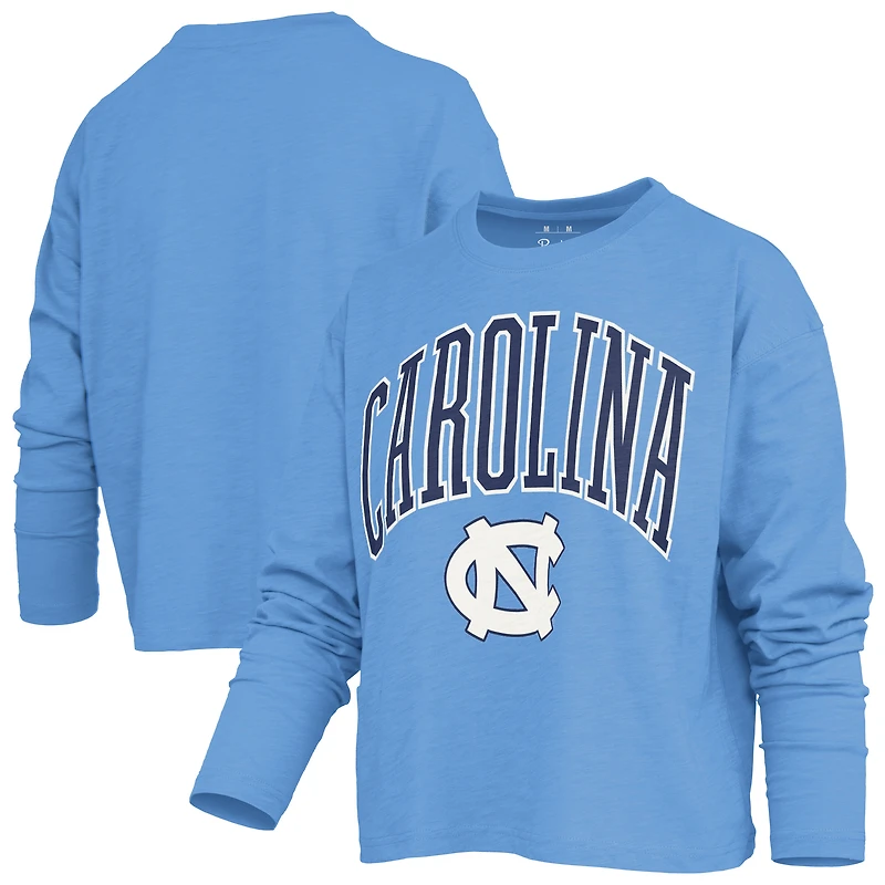 T-shirt à manches longues Pressbox Navy North Carolina Tar Heels pour femme, coupe carrée, longueur taille.