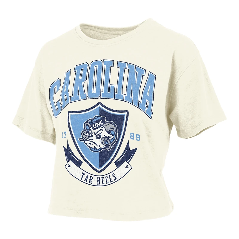 Women's Pressbox Cream North Carolina Tar Heels Buckler Vintage Cropped T-Shirt