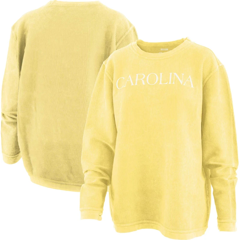 Women's Pressbox Yellow North Carolina Tar Heels Comfy Cord Bar Print Pullover Sweatshirt