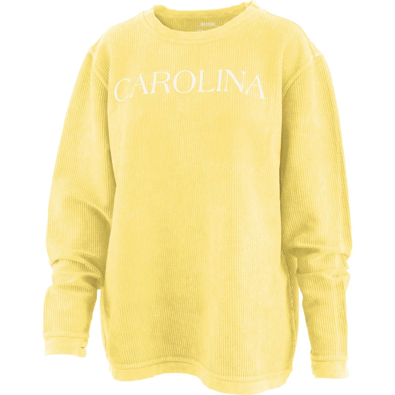 Women's Pressbox Yellow North Carolina Tar Heels Comfy Cord Bar Print Pullover Sweatshirt