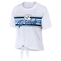 Women's WEAR by Erin Andrews White North Carolina Tar Heels Striped Front Knot Cropped T-Shirt