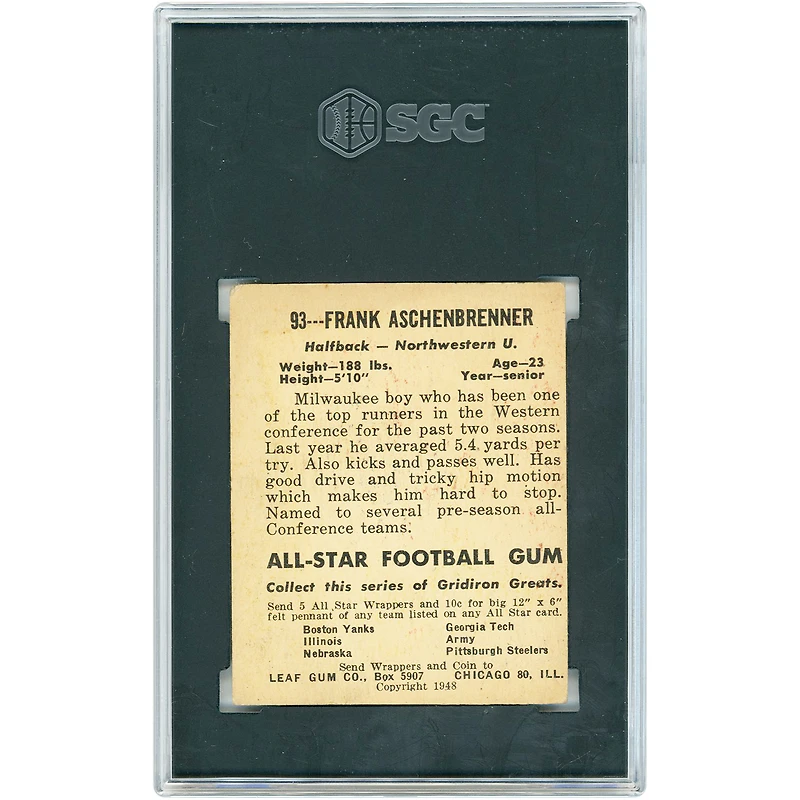 Frank Aschenbrenner Northwestern Wildcats 1948 Leaf Gum Co. #93 SGC Authenticated 3 Card