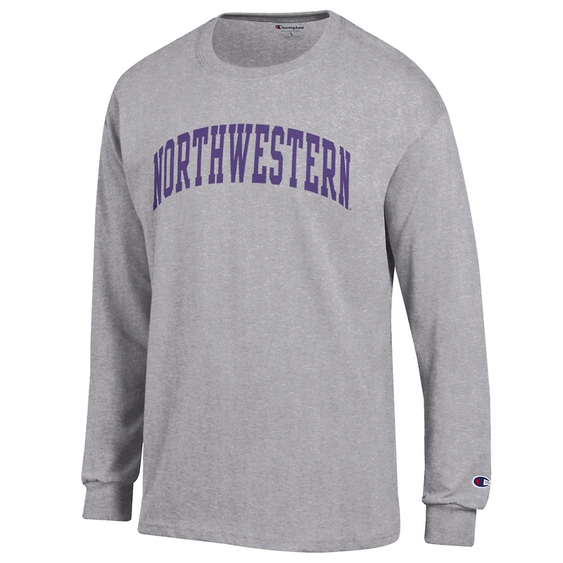 T-shirt à manches longues Champion pour homme, gris chiné, Northwestern Wildcats Basic Arch