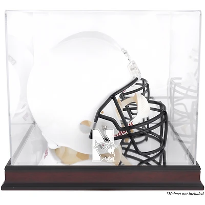 Vitrine pour casque des Northwestern Wildcats, base en acajou, logo de l'équipe et fond miroir
