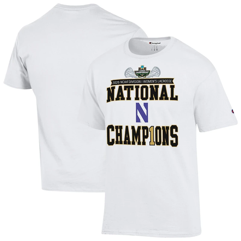 T-shirt unisexe blanc Champion Northwestern Wildcats 2026, champions nationaux de crosse féminine NCAA, vestiaire