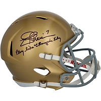 Casque Riddell Speed ​​autographié par Joe Theismann des Fighting Irish de Notre Dame avec inscription « Jouez comme un champion aujourd'hui »