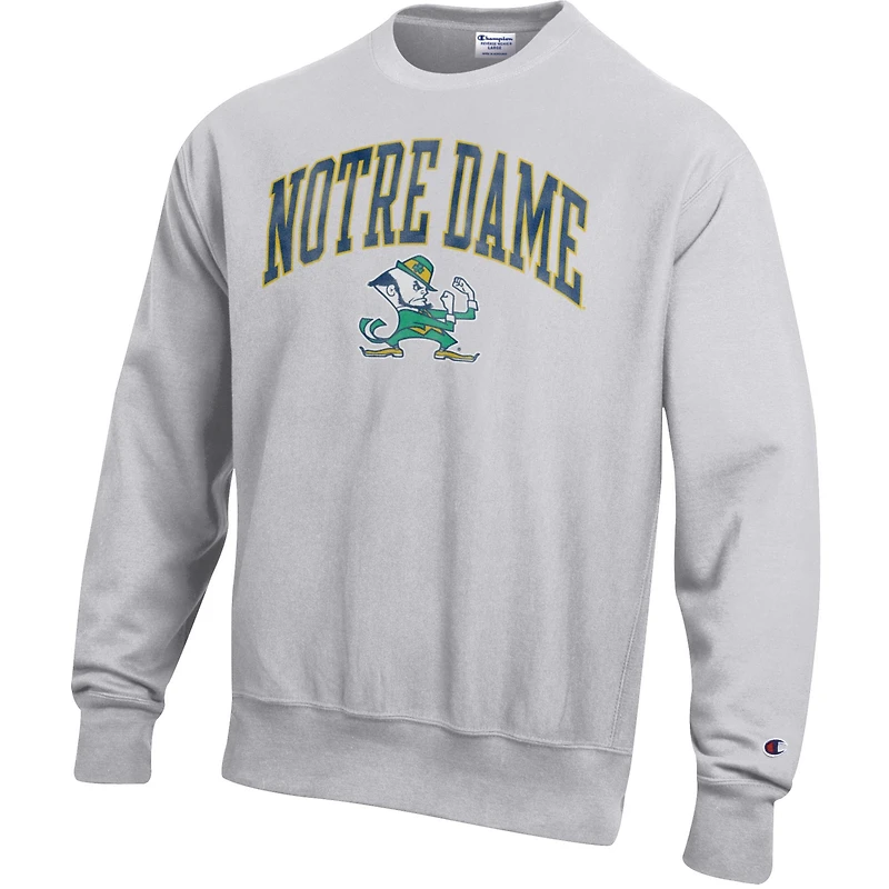 Men's Champion Gray Notre Dame Fighting Irish Distressed Arch Over Logo Reverse Weave Crew Neck Sweatshirt