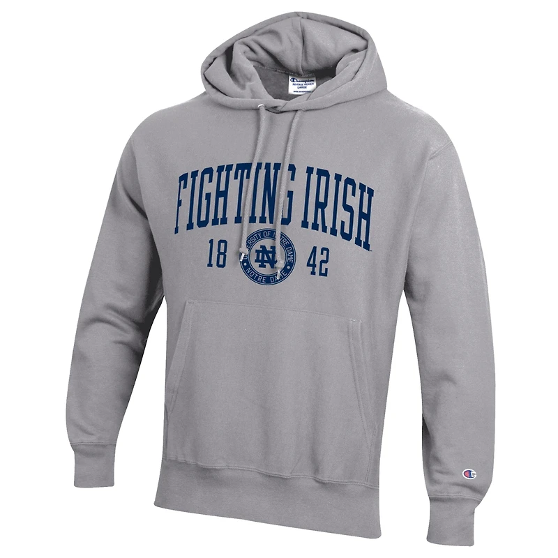 Sweat à capuche Champion pour homme, gris chiné, Notre Dame Fighting Irish, modèle Established Reverse Weave