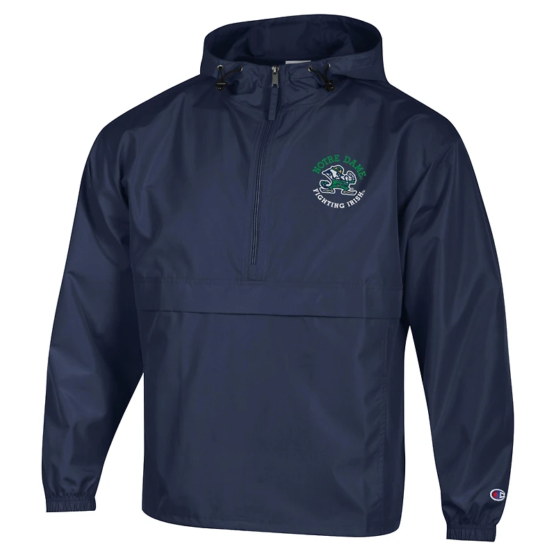 Men's Champion  Navy Notre Dame Fighting Irish Packable Hooded Windbreaker Half-Zip Jacket