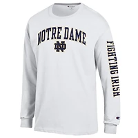 T-shirt à manches longues blanc Champion Notre Dame Fighting Irish pour homme, logo Arch Over, 2 coups