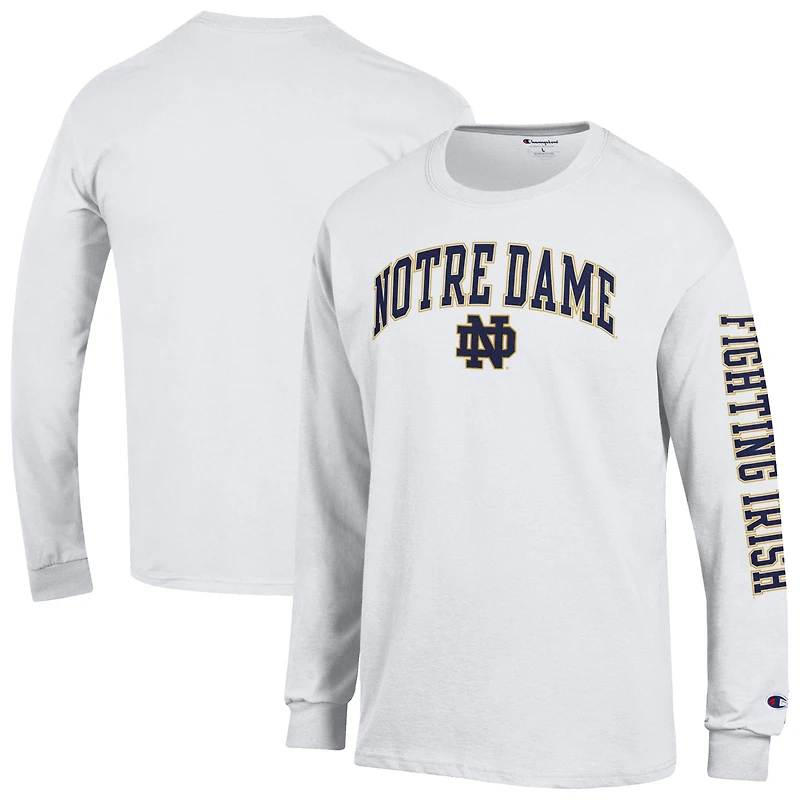 T-shirt à manches longues blanc Champion Notre Dame Fighting Irish pour homme, logo Arch Over, 2 coups