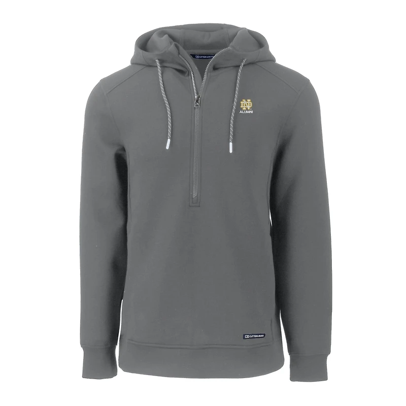 Sweat à capuche zippé demi-zip Cutter & Buck gris pour homme, logo des anciens élèves Fighting Irish de Notre Dame, en tissu recyclé écologique.