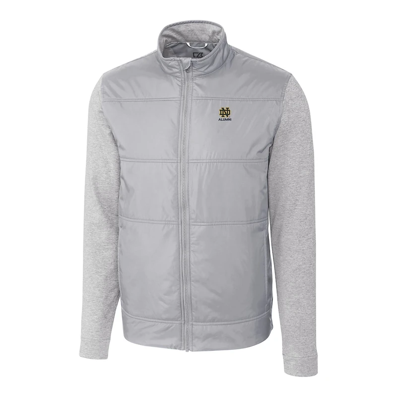 Veste coupe-vent matelassée hybride zippée intégrale Cutter & Buck bleu marine pour homme, logo des anciens élèves de Notre Dame Fighting Irish.