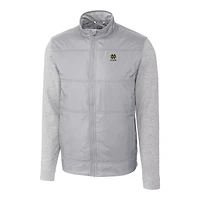 Veste coupe-vent matelassée hybride zippée intégrale Cutter & Buck bleu marine pour homme, logo des anciens élèves de Notre Dame Fighting Irish.
