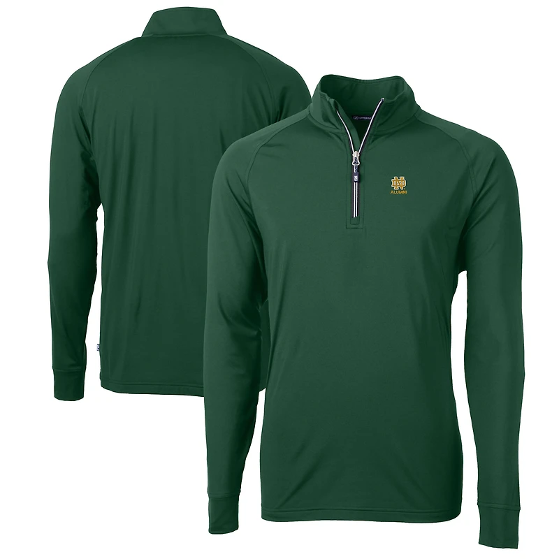 Pull-over Cutter & Buck vert pour homme, logo des anciens élèves Fighting Irish de Notre Dame, en maille écologique extensible recyclée avec fermeture éclair au quart.
