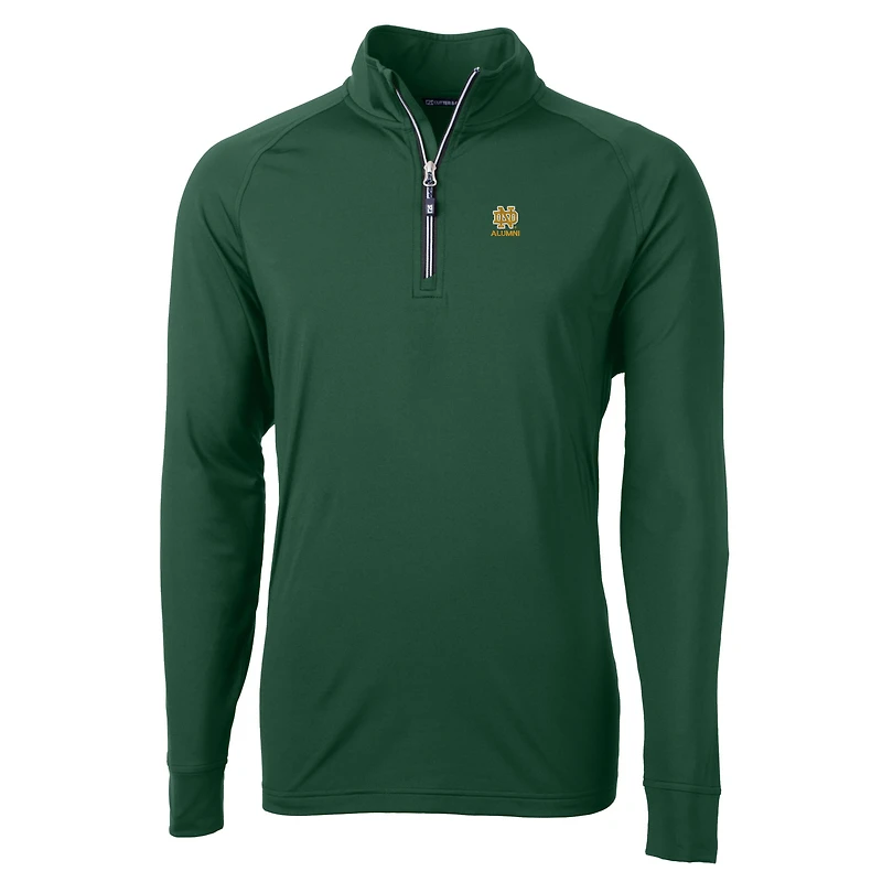 Pull-over Cutter & Buck vert pour homme, logo des anciens élèves Fighting Irish de Notre Dame, en maille écologique extensible recyclée avec fermeture éclair au quart.