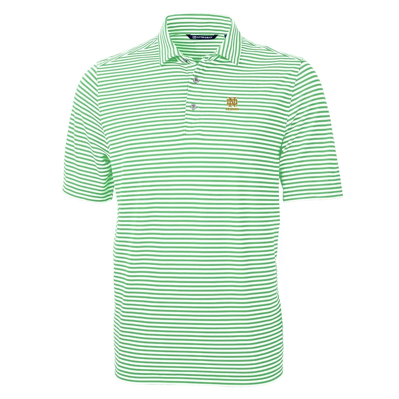 Polo Cutter & Buck vert pour homme, logo des anciens élèves de Notre Dame Fighting Irish, en piqué éco-responsable à rayures recyclées.