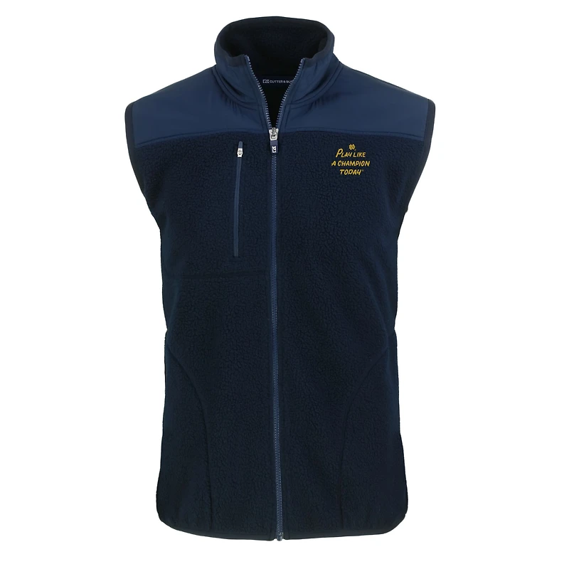Gilet zippé en polaire Sherpa écologique Cascade bleu marine/bleu pour homme Cutter & Buck Notre Dame Fighting Irish « Play Like A Champion Today »