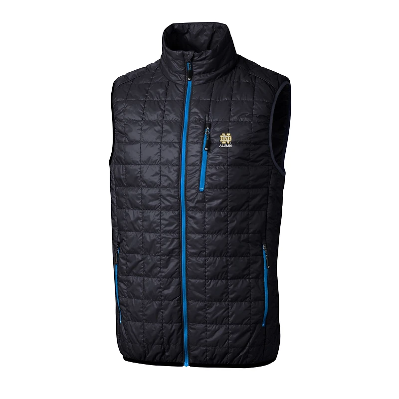 Gilet matelassé isolant entièrement zippé Rainier PrimaLoft Eco pour homme, bleu marine, avec logo des anciens élèves Fighting Irish de Notre Dame, Cutter & Buck