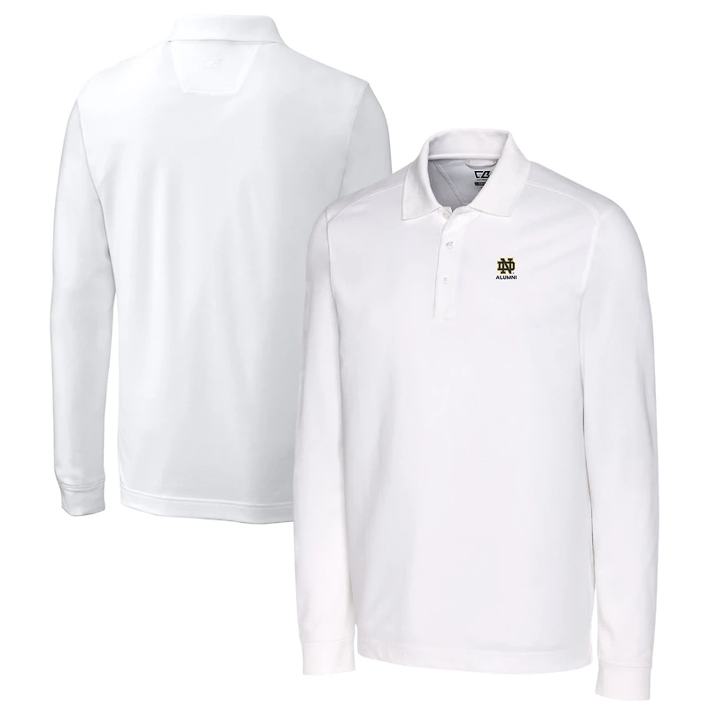 Polo à manches longues en piqué tri-blend blanc Cutter & Buck pour homme, logo des anciens élèves de Notre Dame Fighting Irish, technologie DryTec.