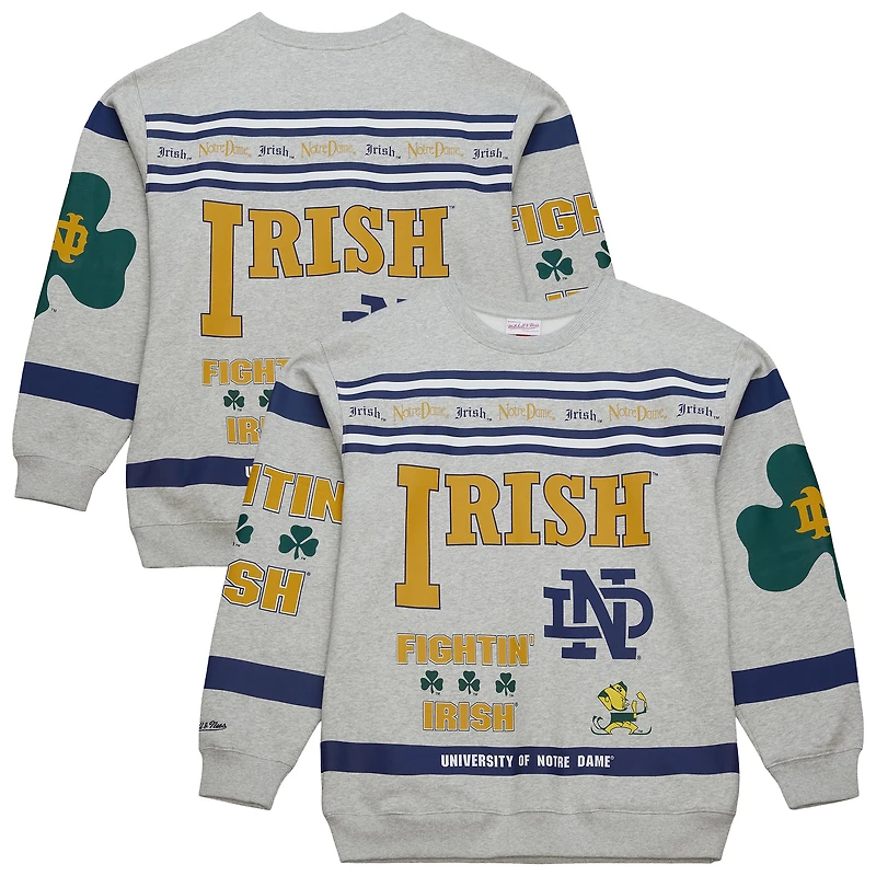 Men's Mitchell & Ness Heather Gray Notre Dame Fighting Irish All Over Print Sweatshirt